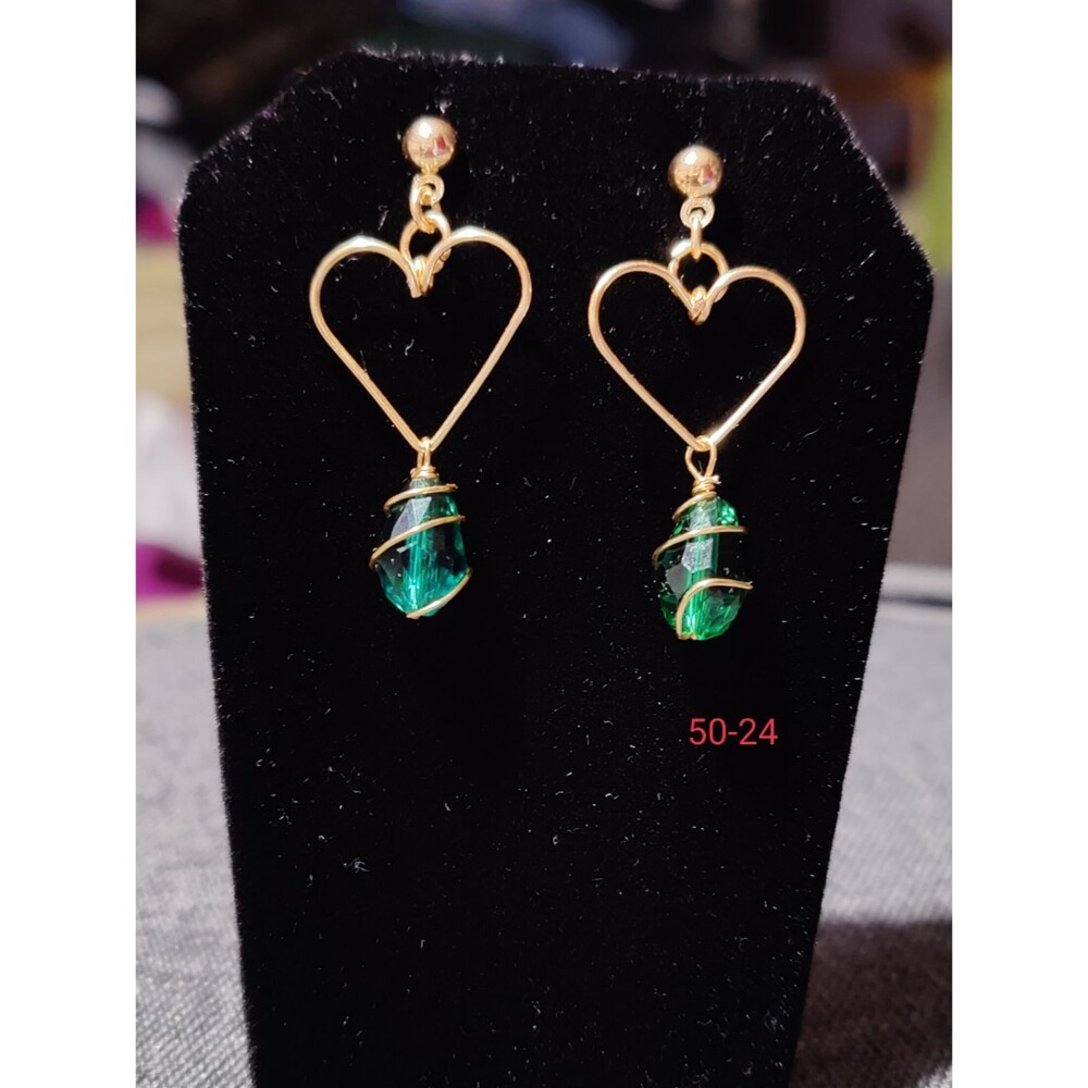 Gold Hearts with Green Crystals Stud Earrings
